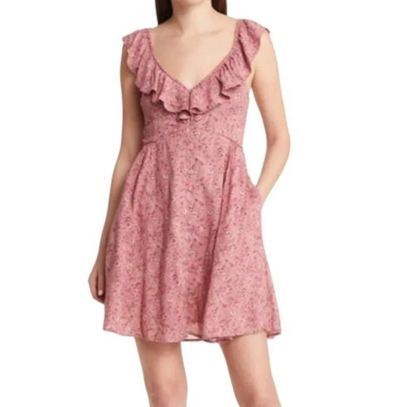 Madewell Floral Ruffle Neck Open Back Mini Dress in Vintage Quartz Size 4 NWT - Picture 12 of 12